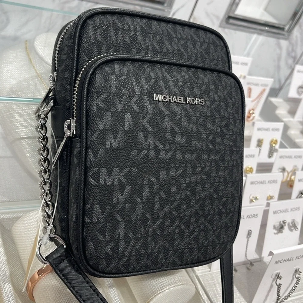 MICHAEL KORS Jet Set Trav Md Logo Crossbody Flight NS Black/Silver NWT Messenger